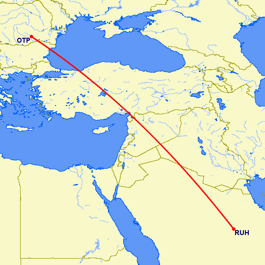 перелет Бухарест — Эр Рияд на карте