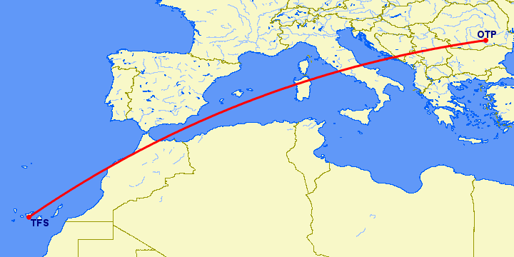перелет Бухарест — Тенерифе на карте