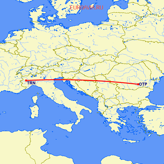 перелет Бухарест — Турин на карте