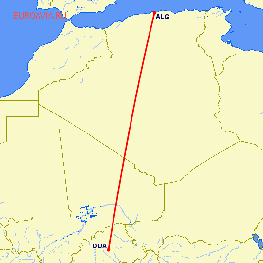 перелет Уагадугу — Алжир на карте