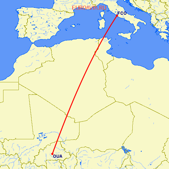 перелет Уагадугу — Рим на карте