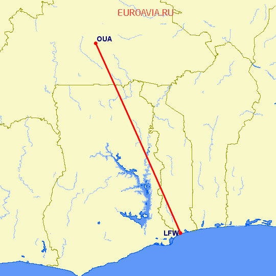 перелет Уагадугу — Ломе на карте
