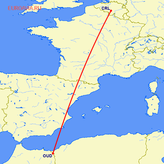 перелет Уджда — Шарлеруа на карте