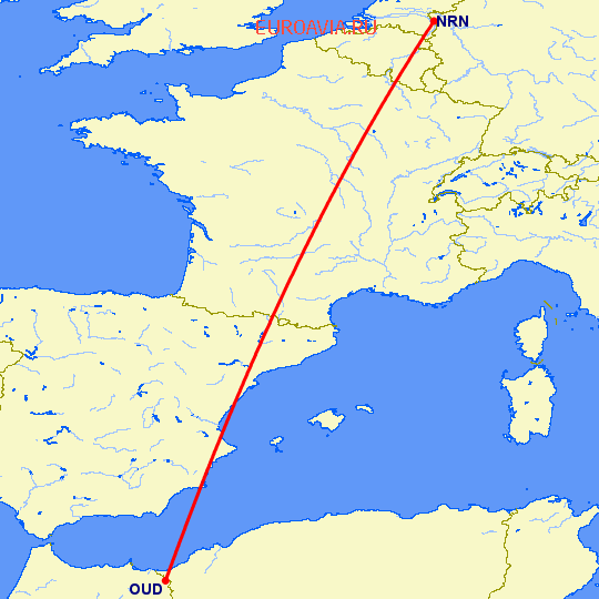 перелет Уджда — Дюссельдорф на карте