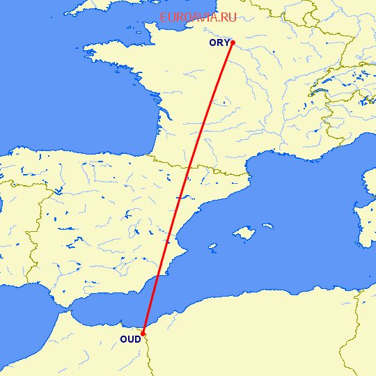 перелет Уджда — Париж на карте