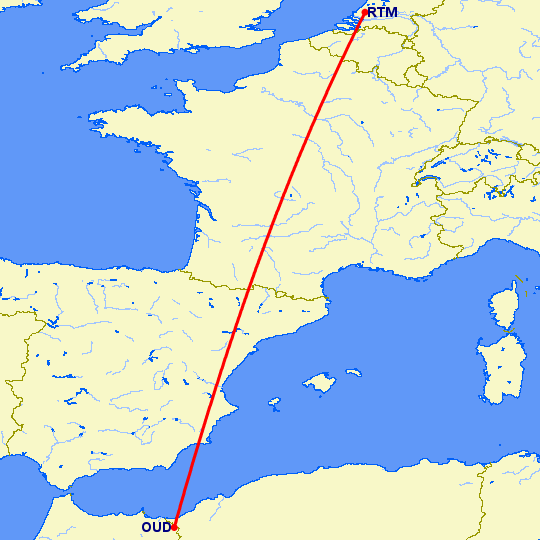 перелет Уджда — Роттердам на карте