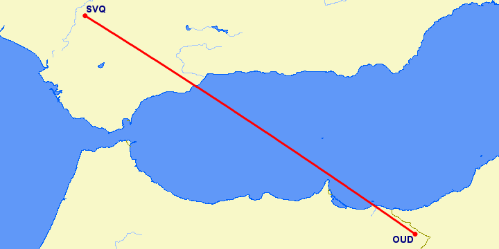 перелет Уджда — Севилья на карте