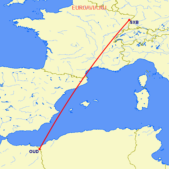 перелет Уджда — Страсбург на карте
