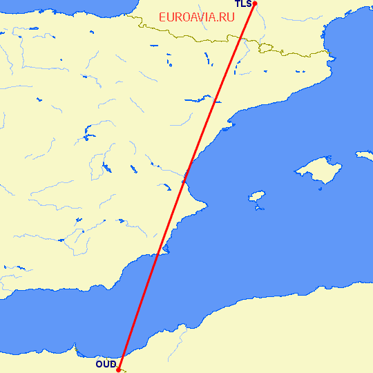 перелет Уджда — Тулуза на карте