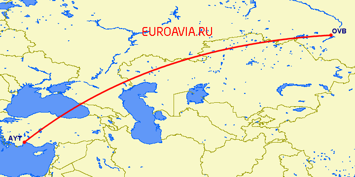 перелет Новосибирск — Анталия на карте
