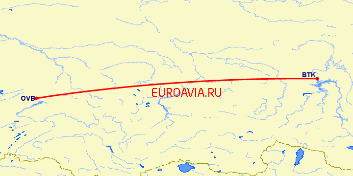 перелет Новосибирск — Братск на карте