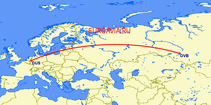 перелет Новосибирск — Дюссельдорф на карте