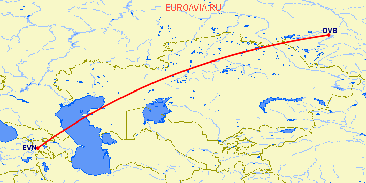 перелет Новосибирск — Ереван на карте