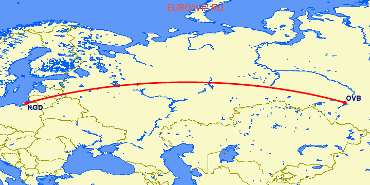перелет Новосибирск — Калининград на карте