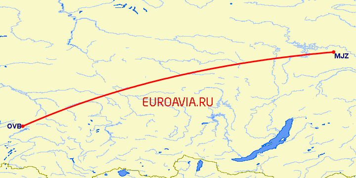 перелет Новосибирск — Мирный на карте