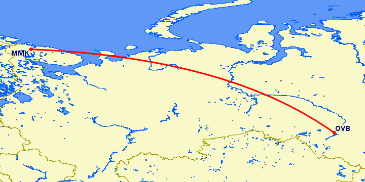 перелет Новосибирск — Мурманск на карте