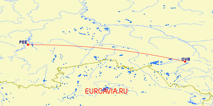 перелет Новосибирск — Пермь на карте