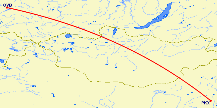перелет Новосибирск — Пекин на карте