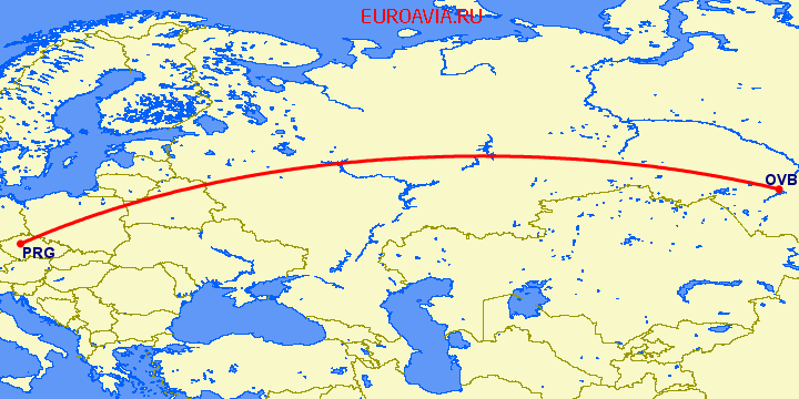 перелет Новосибирск — Прага на карте