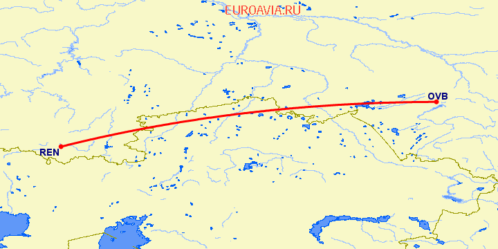 перелет Новосибирск — Оренбург на карте
