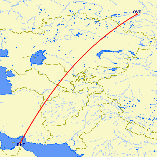 перелет Новосибирск — Рас аль Хайма на карте