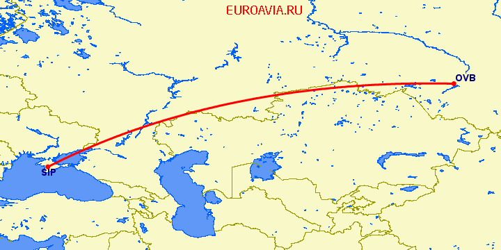 перелет Новосибирск — Симферополь на карте