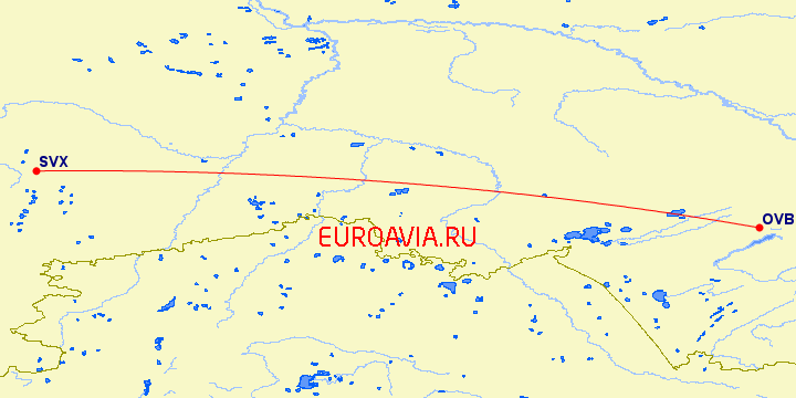 перелет Новосибирск — Екатеринбург на карте