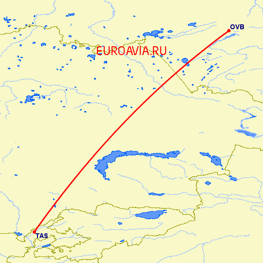 перелет Новосибирск — Ташкент на карте