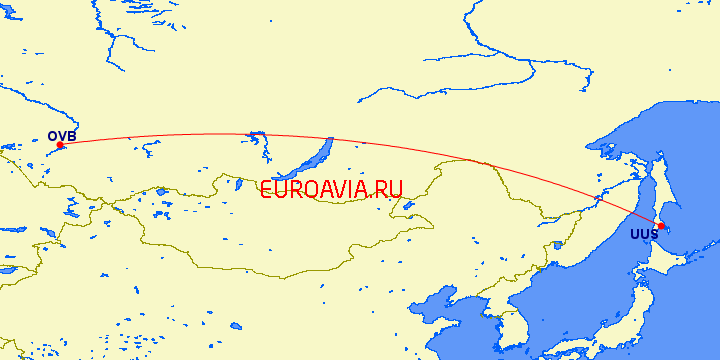 перелет Новосибирск — Южно Сахалинск на карте