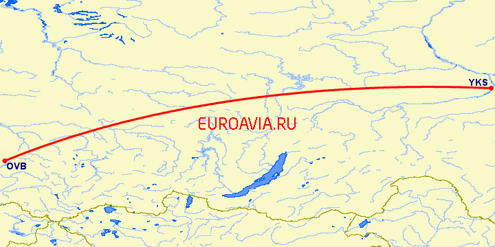 перелет Новосибирск — Якутск на карте