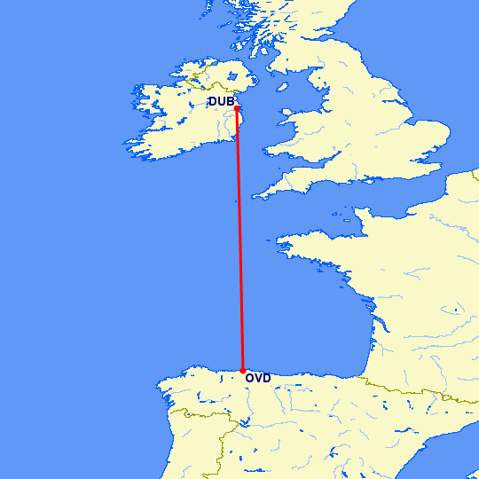 перелет Овьедо-Авилес — Дублин на карте