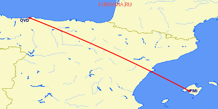 перелет Овьедо-Авилес — Пальма де Майорка на карте