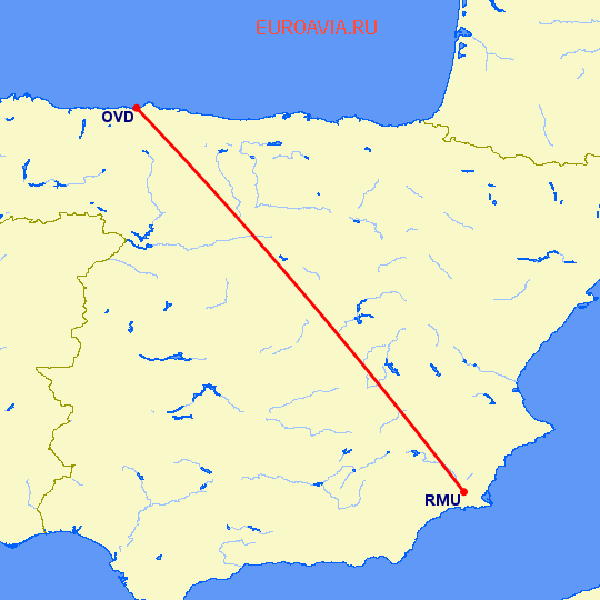перелет Овьедо-Авилес — Мурсия на карте