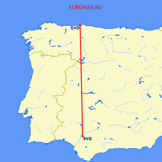 перелет Овьедо-Авилес — Севилья на карте