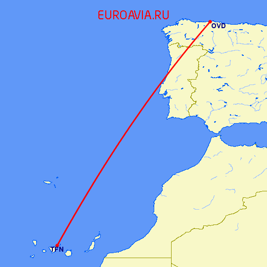 перелет Овьедо-Авилес — Тенерифе на карте