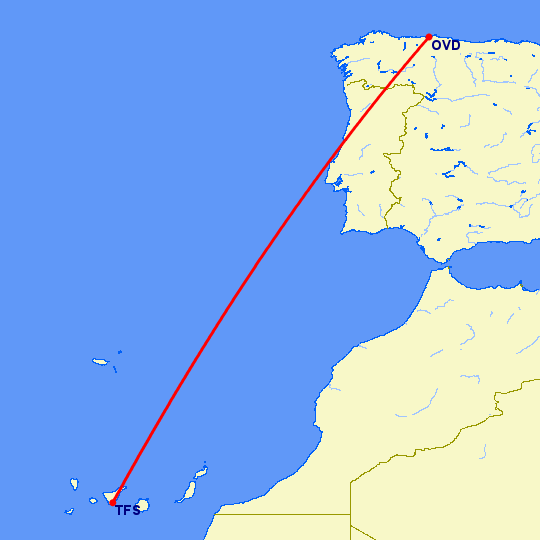 перелет Овьедо-Авилес — Тенерифе на карте