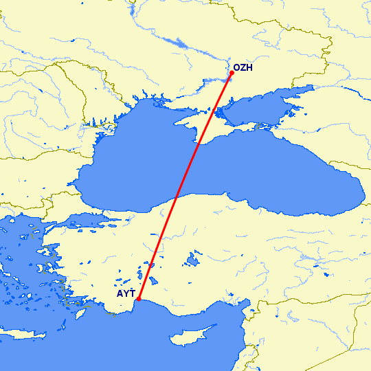 перелет Запорожье — Анталия на карте