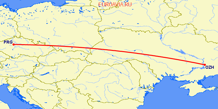 перелет Запорожье — Прага на карте