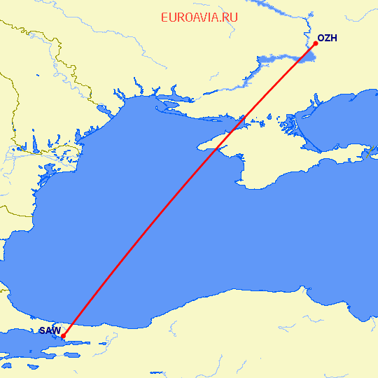 перелет Запорожье — Стамбул на карте