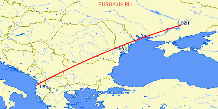 перелет Запорожье — Тирана на карте