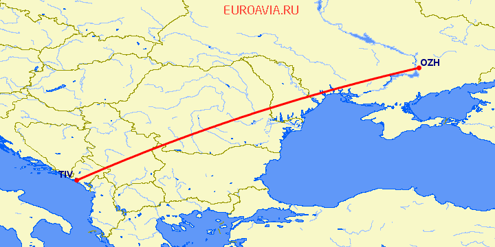 перелет Запорожье — Тиват на карте