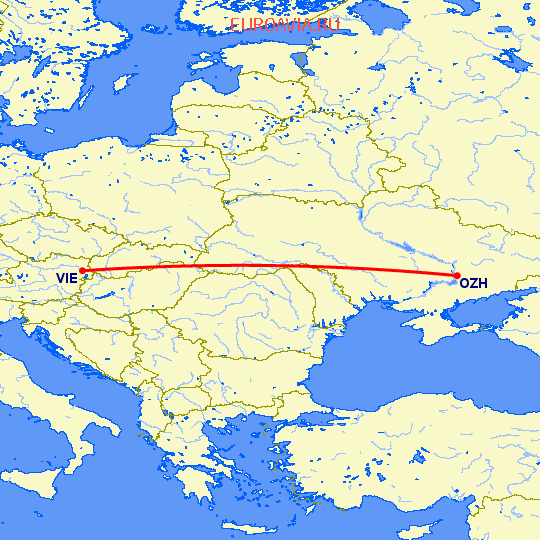 перелет Запорожье — Вена на карте