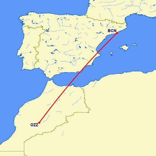 перелет Уазазат — Барселона на карте