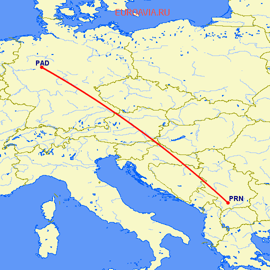 перелет Paderborn — Приштина на карте