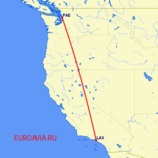 перелет Эверетт — Лос Анджелес на карте