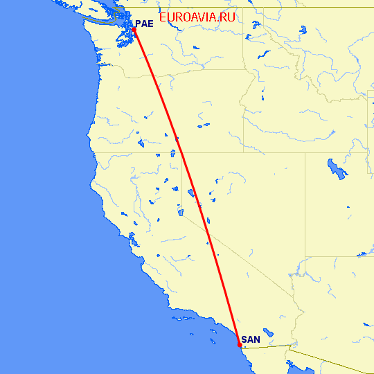 перелет Эверетт — Сан Диего на карте
