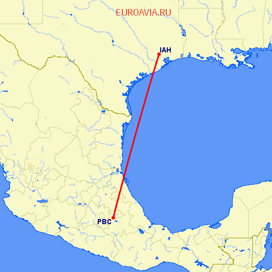 перелет Пуебла Артихко — Хьюстон на карте