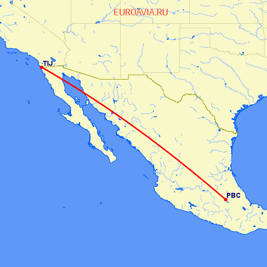 перелет Пуебла Артихко — Тихуана на карте