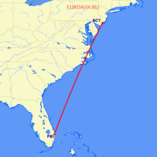 перелет Уэст Палм Бич — Атлантик Сити на карте
