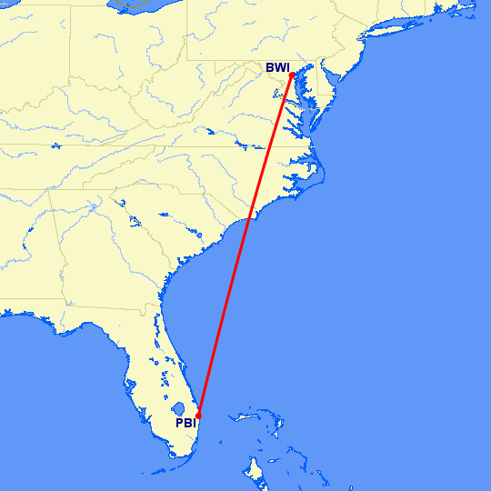 перелет Уэст Палм Бич — Балтимор на карте
